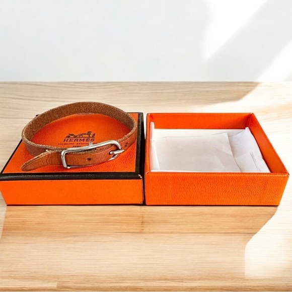 Authentic HERMES Brown Leather Hapi Barenia Silver Buckle Bracelet with Box - Picture 1 of 14